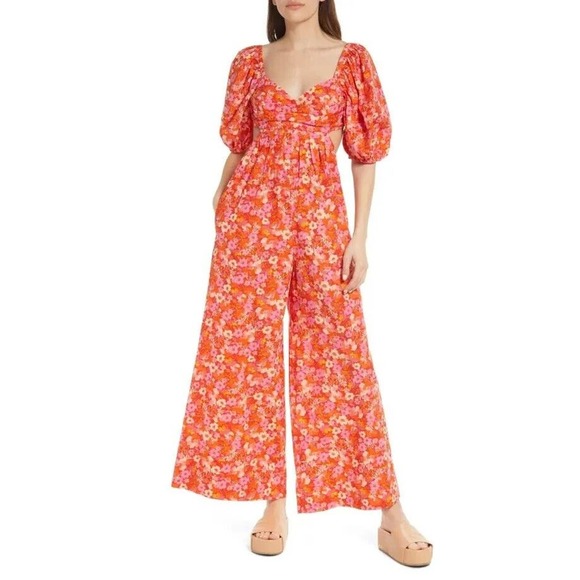 NWT Free People Floral Jumpsuit Amy Jumpsuit S Wide Leg Puff Sleeves Boho Gypsy - Picture 2 of 11